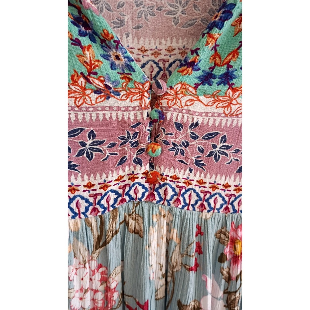 Umgee Boho Floral Babydoll Tunic Top Blue Mixed Print Puff Sleeve Pockets M - Picture 5 of 7